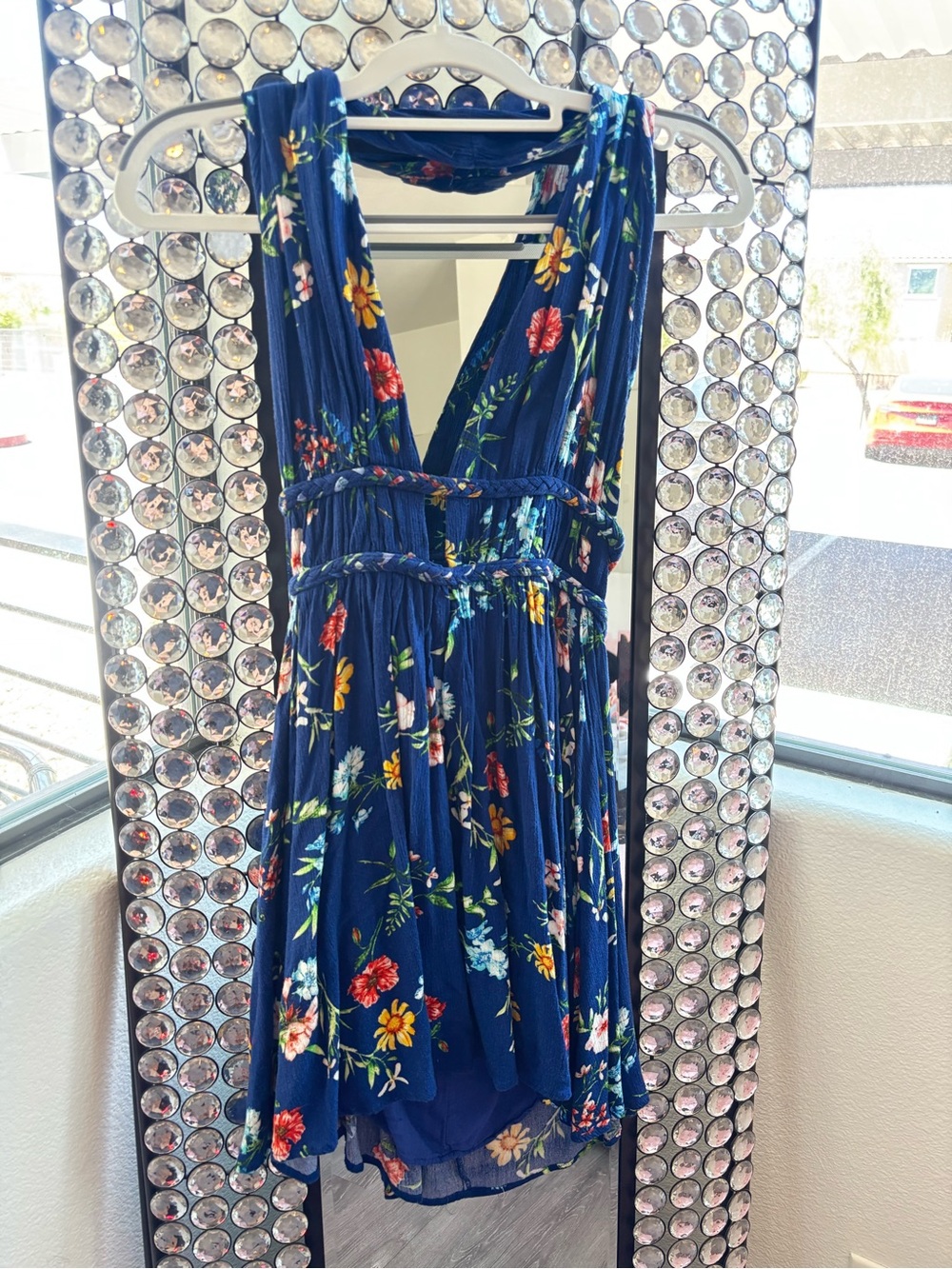 Navy Blue Floral Halter Sundress